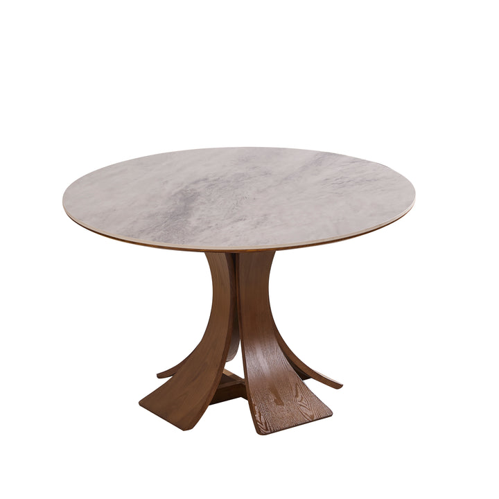 Desk One Forma - Grey Marble-Look Sintered Stone Round Dining Table with Walnut Pedestal