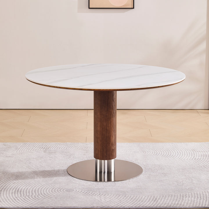 Desk One Halo - Round Dining Table in White Sintered Stone and Walnut Wood
