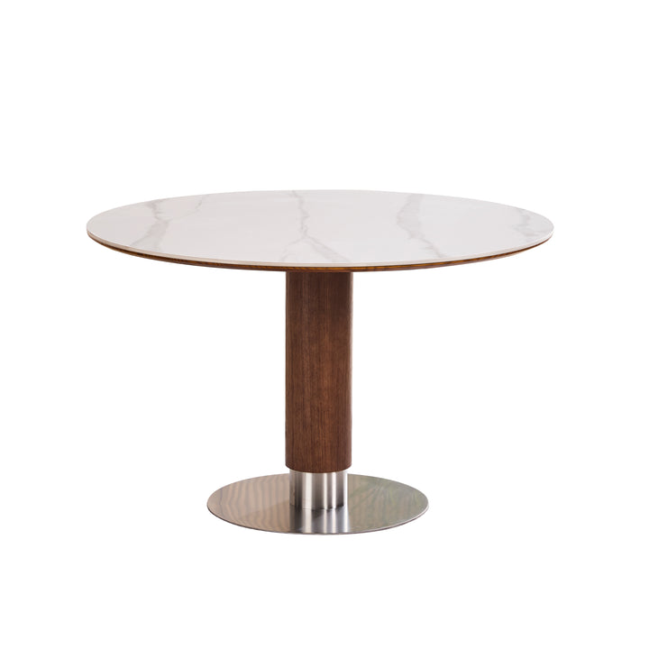 Desk One Halo - Round Dining Table in White Sintered Stone and Walnut Wood
