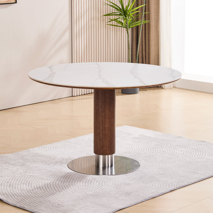 Desk One Halo - Round Dining Table in White Sintered Stone and Walnut Wood