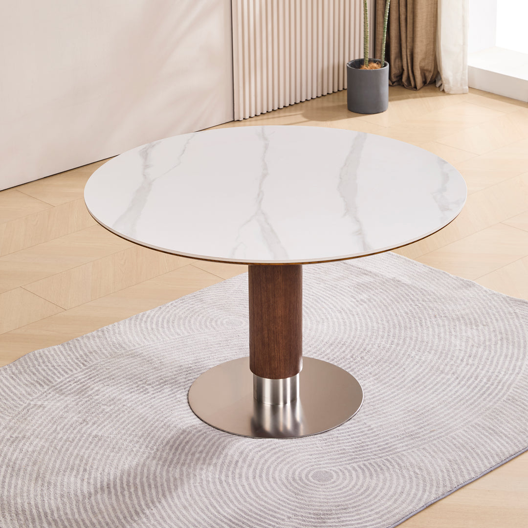 Desk One Halo - Round Dining Table in White Sintered Stone and Walnut Wood