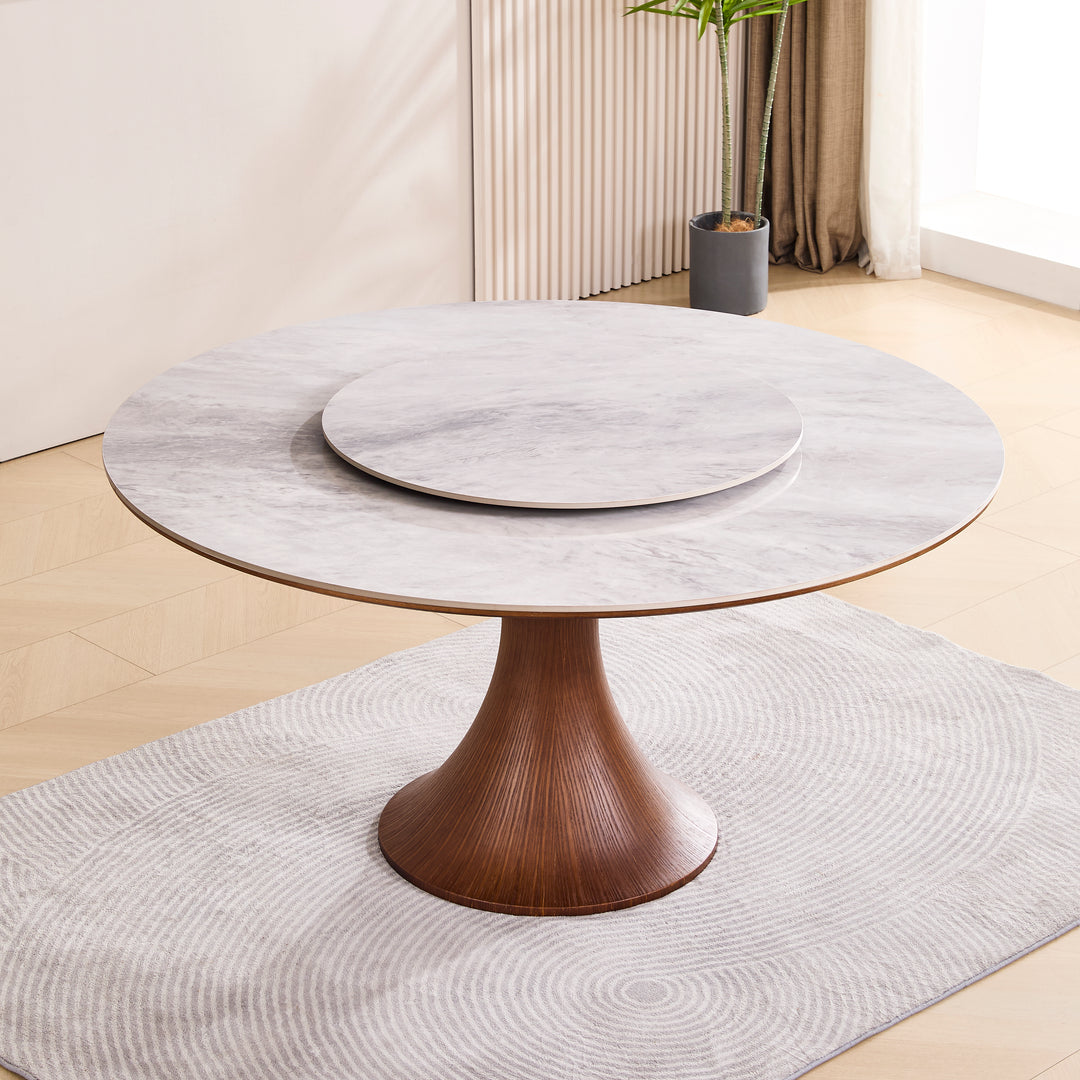 Desk One Aurora - Round Dining Table with Lazy Susan in Grey Sintered Stone and Walnut Wood