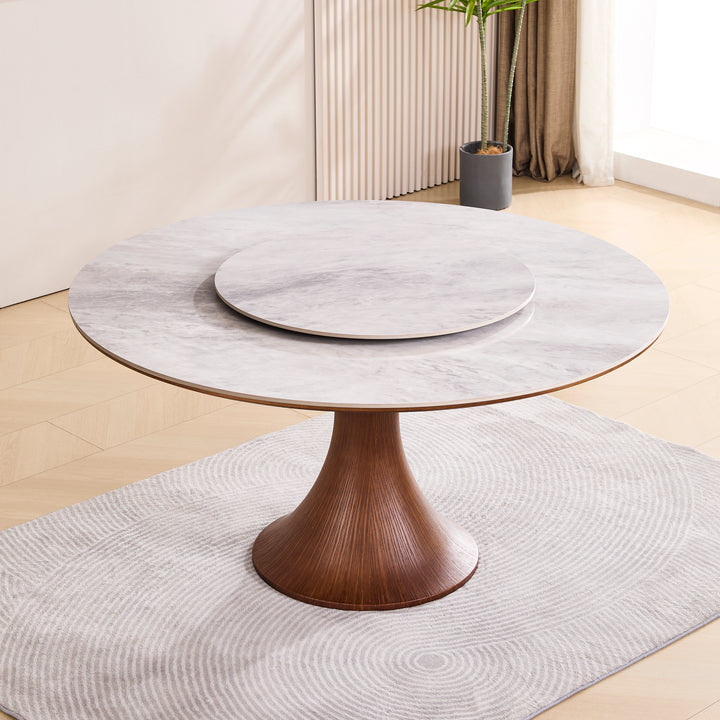 Desk One Aurora - Round Dining Table with Lazy Susan in Grey Sintered Stone and Walnut Wood