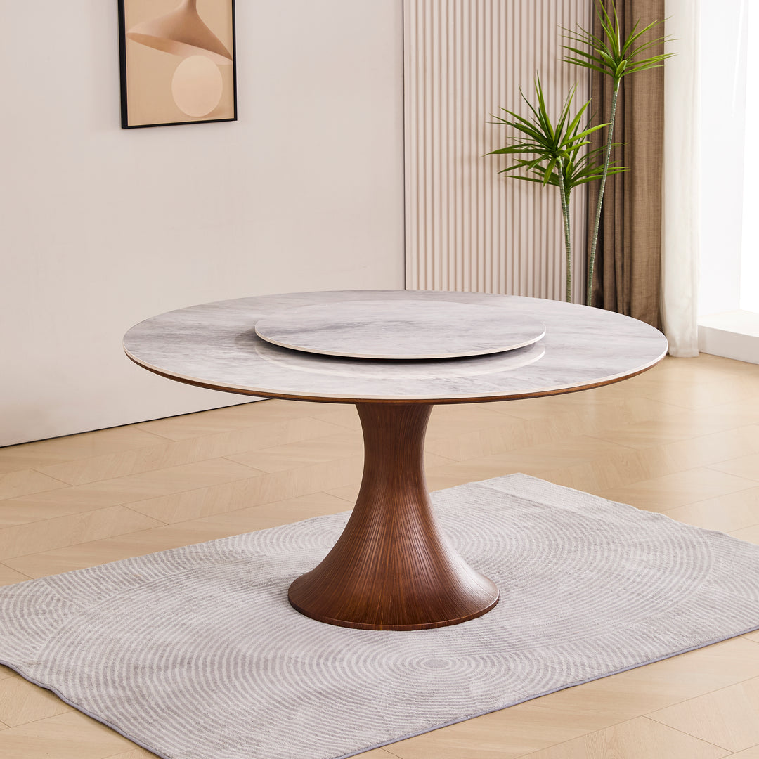 Desk One Aurora - Round Dining Table with Lazy Susan in Grey Sintered Stone and Walnut Wood