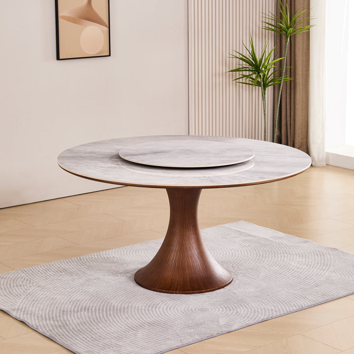 Desk One Aurora - Round Dining Table with Lazy Susan in Grey Sintered Stone and Walnut Wood
