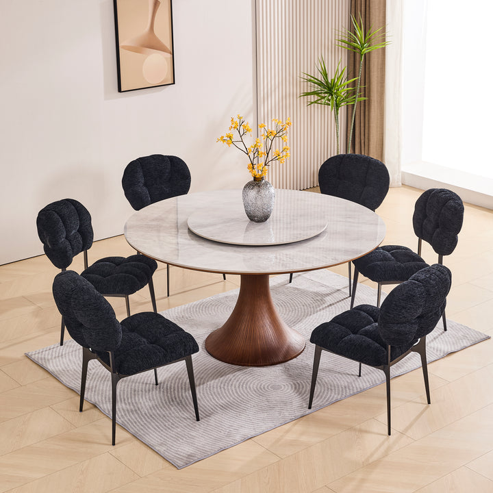 Desk One Aurora - Round Dining Table with Lazy Susan in Grey Sintered Stone and Walnut Wood