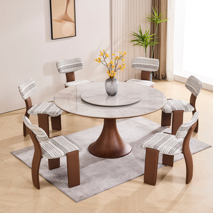 Desk One Aurora - Round Dining Table with Lazy Susan in Grey Sintered Stone and Walnut Wood