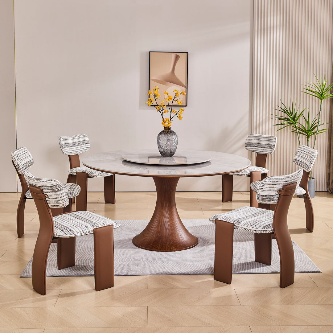 Desk One Aurora - Round Dining Table with Lazy Susan in Grey Sintered Stone and Walnut Wood