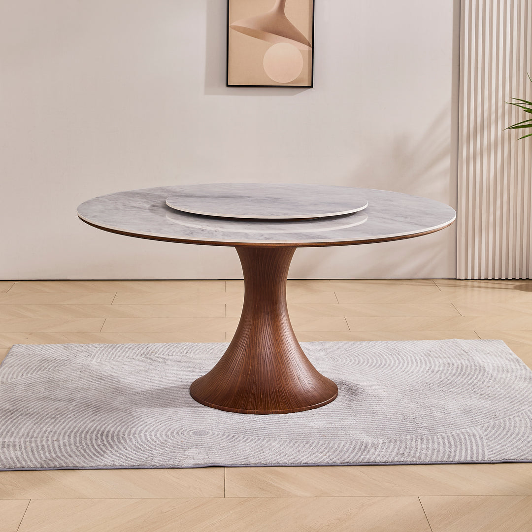 Desk One Aurora - Round Dining Table with Lazy Susan in Grey Sintered Stone and Walnut Wood