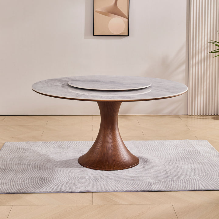 Desk One Aurora - Round Dining Table with Lazy Susan in Grey Sintered Stone and Walnut Wood