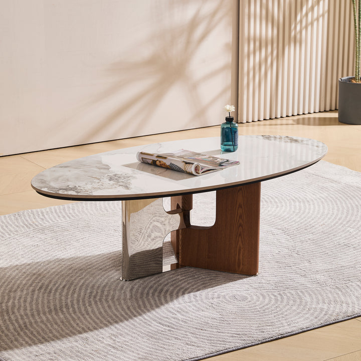 Desk One Vela - Oval White Sintered Stone Coffee Table with Walnut & Stainless Steel Base