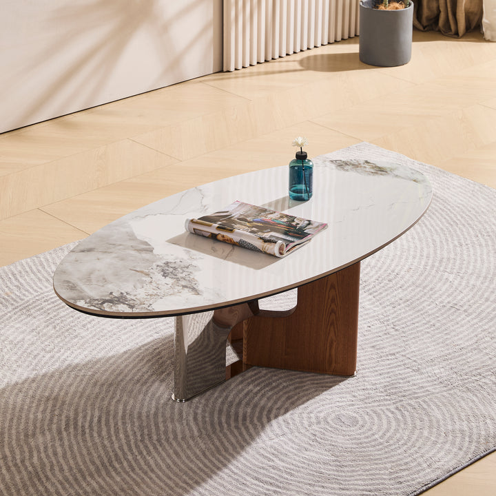 Desk One Vela - Oval White Sintered Stone Coffee Table with Walnut & Stainless Steel Base