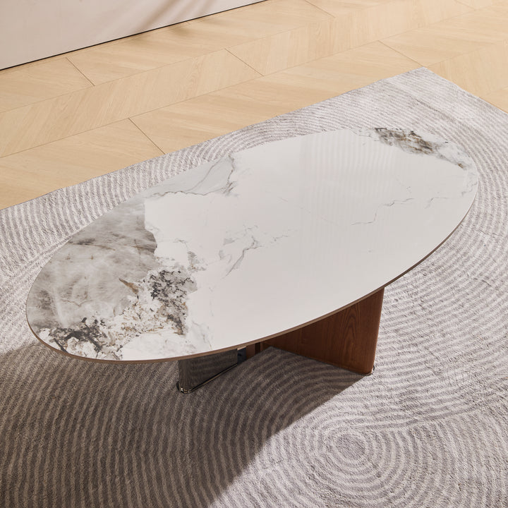 Desk One Vela - Oval White Sintered Stone Coffee Table with Walnut & Stainless Steel Base