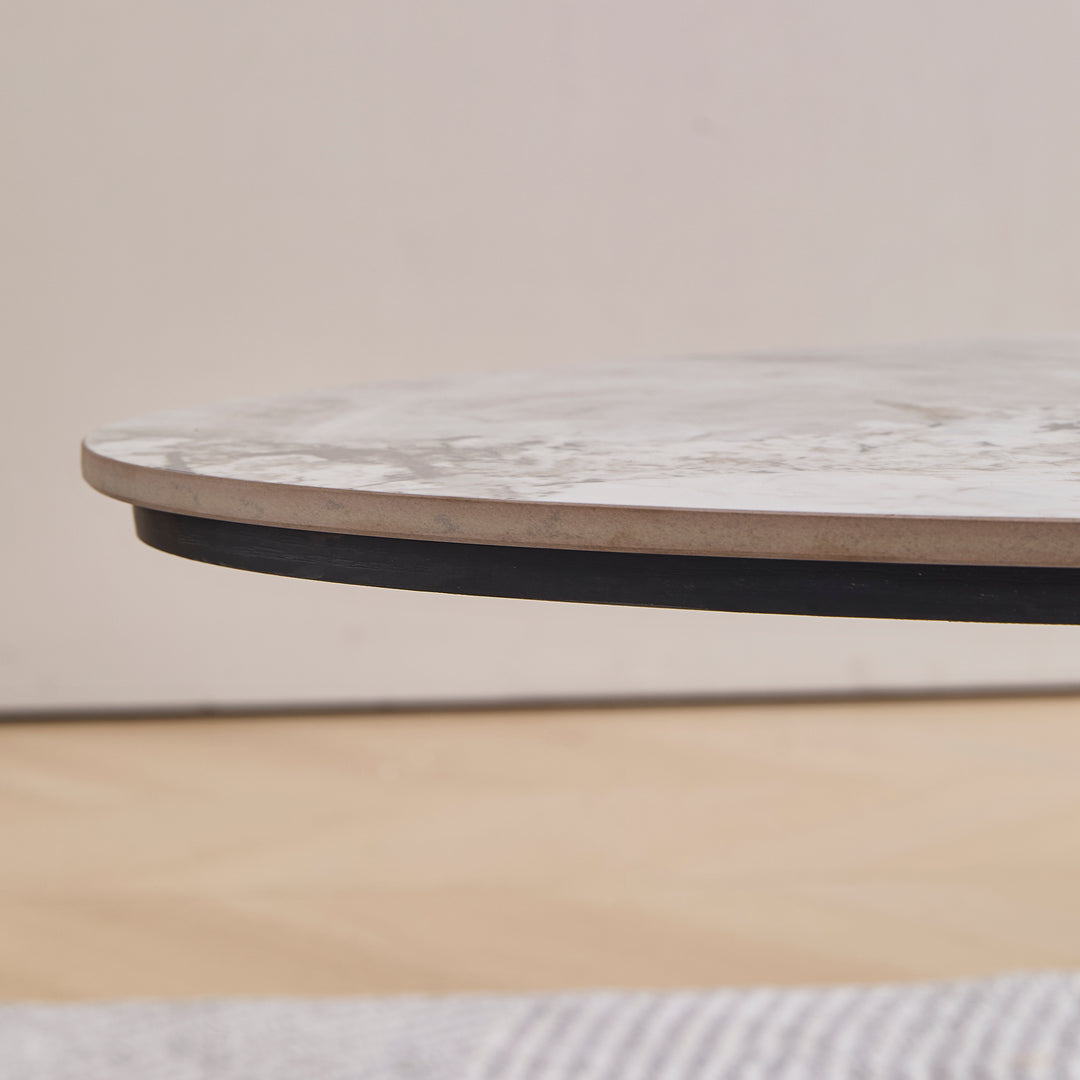 Desk One Vela - Oval White Sintered Stone Coffee Table with Walnut & Stainless Steel Base