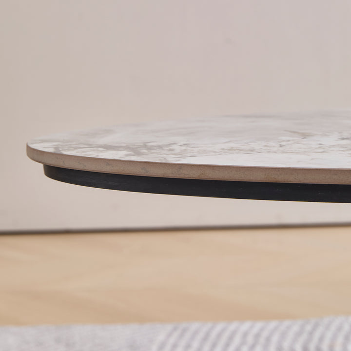 Desk One Vela - Oval White Sintered Stone Coffee Table with Walnut & Stainless Steel Base