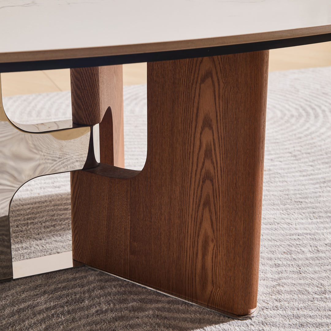 Desk One Vela - Oval White Sintered Stone Coffee Table with Walnut & Stainless Steel Base