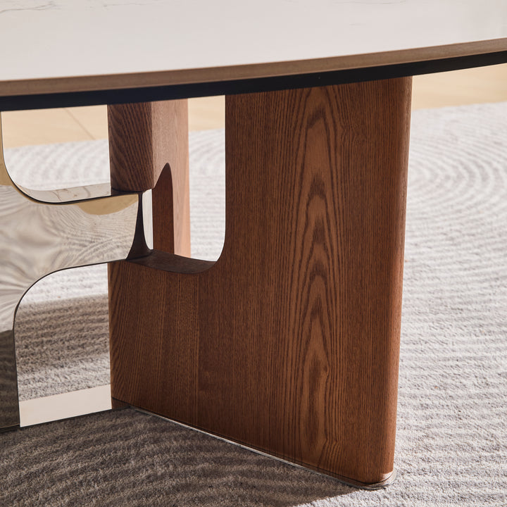 Desk One Vela - Oval White Sintered Stone Coffee Table with Walnut & Stainless Steel Base
