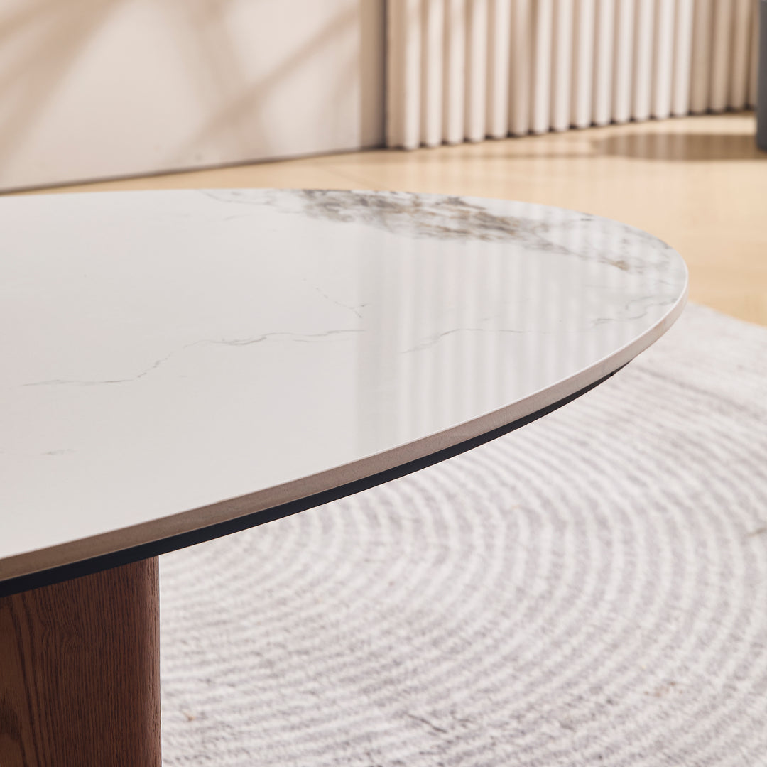 Desk One Vela - Oval White Sintered Stone Coffee Table with Walnut & Stainless Steel Base