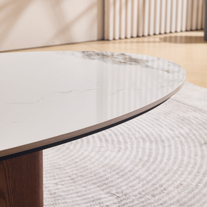 Desk One Vela - Oval White Sintered Stone Coffee Table with Walnut & Stainless Steel Base