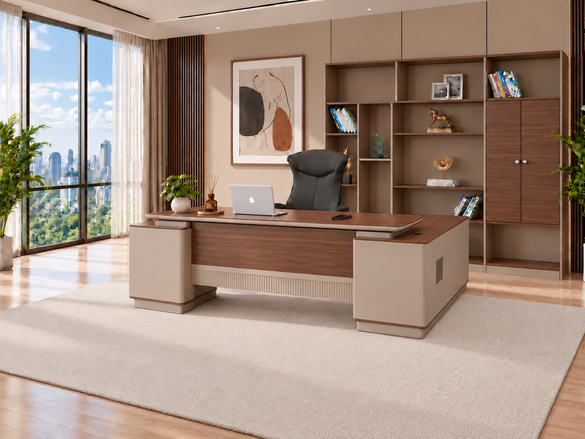 Window-side team office with two L-shaped executive desks, mesh chairs and mobile pedestals