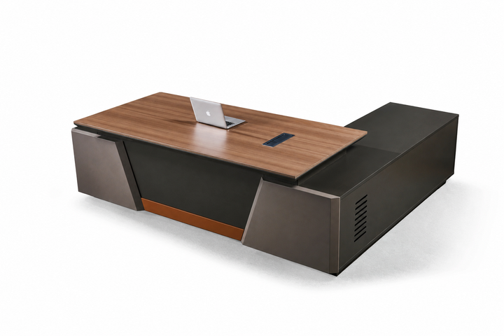 Desk One S901 - L-Shaped Executive Corner Desk with Storage, Drawers and PC Compartment in Teak Grey