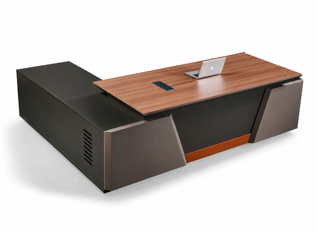 Desk One S901 - L-Shaped Executive Corner Desk with Storage, Drawers and PC Compartment in Teak Grey