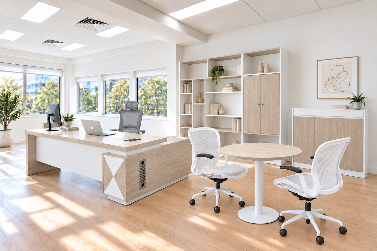 Open-plan office fit-out with executive desks, leather chairs and storage credenzas