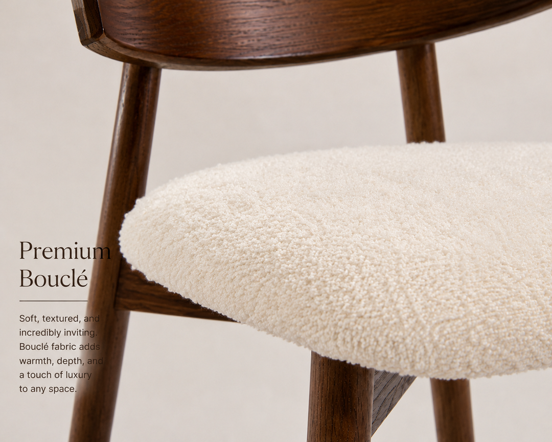 Desk One Pagayer – Solid Hardwood Dining Chair with Soft Bouclé Seat (Mid-Century Design)