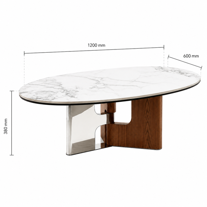 Desk One Vela - Oval White Sintered Stone Coffee Table with Walnut & Stainless Steel Base