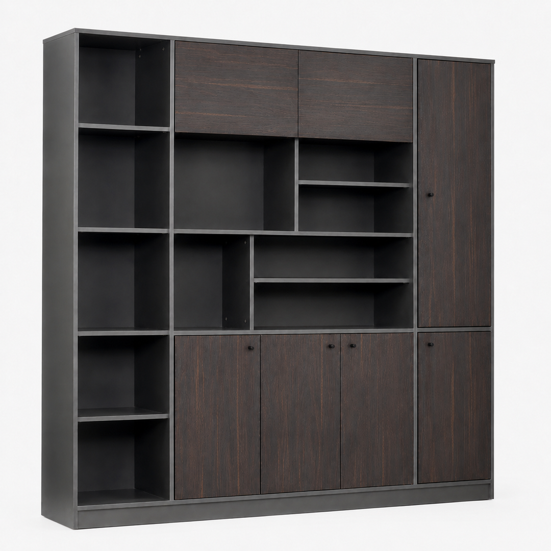 DeskOne Titan 2M Bookshelf — Walnut Plywood Storage Unit
