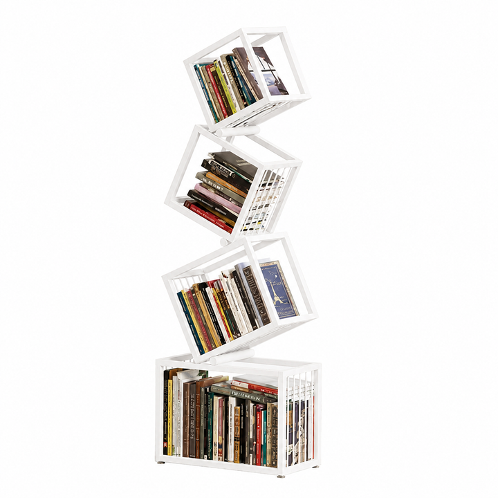 Desk One Modern Metal Bookshelf - 4-Tier Freestanding Stacking Shelf in Matt White and Matt Black
