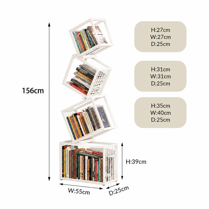 Desk One Modern Metal Bookshelf - 4-Tier Freestanding Stacking Shelf in Matt White and Matt Black