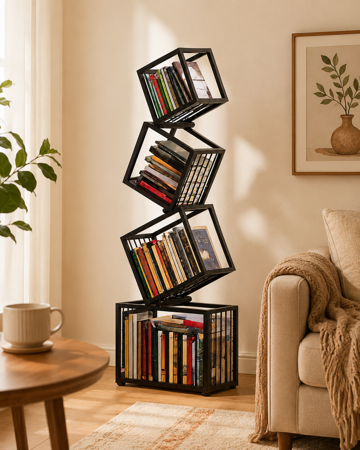 Desk One Modern Metal Bookshelf - 4-Tier Freestanding Stacking Shelf in Matt White and Matt Black