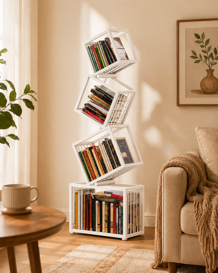 Desk One Modern Metal Bookshelf - 4-Tier Freestanding Stacking Shelf in Matt White and Matt Black