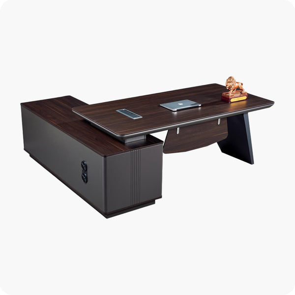 Desk One A008 - L-Shaped Executive Corner Desk with Hutch, Drawers and Password Lock in Titan Walnut