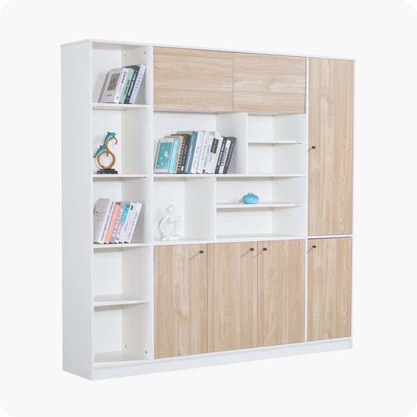 Desk One 2M Nika Oak White Bookshelf with Storage Cabinet – Modern Shelving Unit
