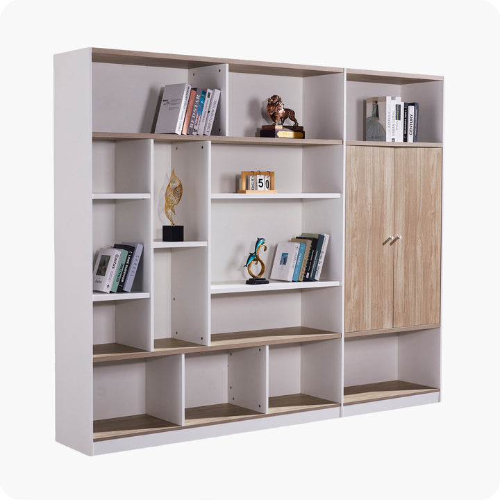 Nika White and Oak Plywood Bookshelf with Storage Cabinet