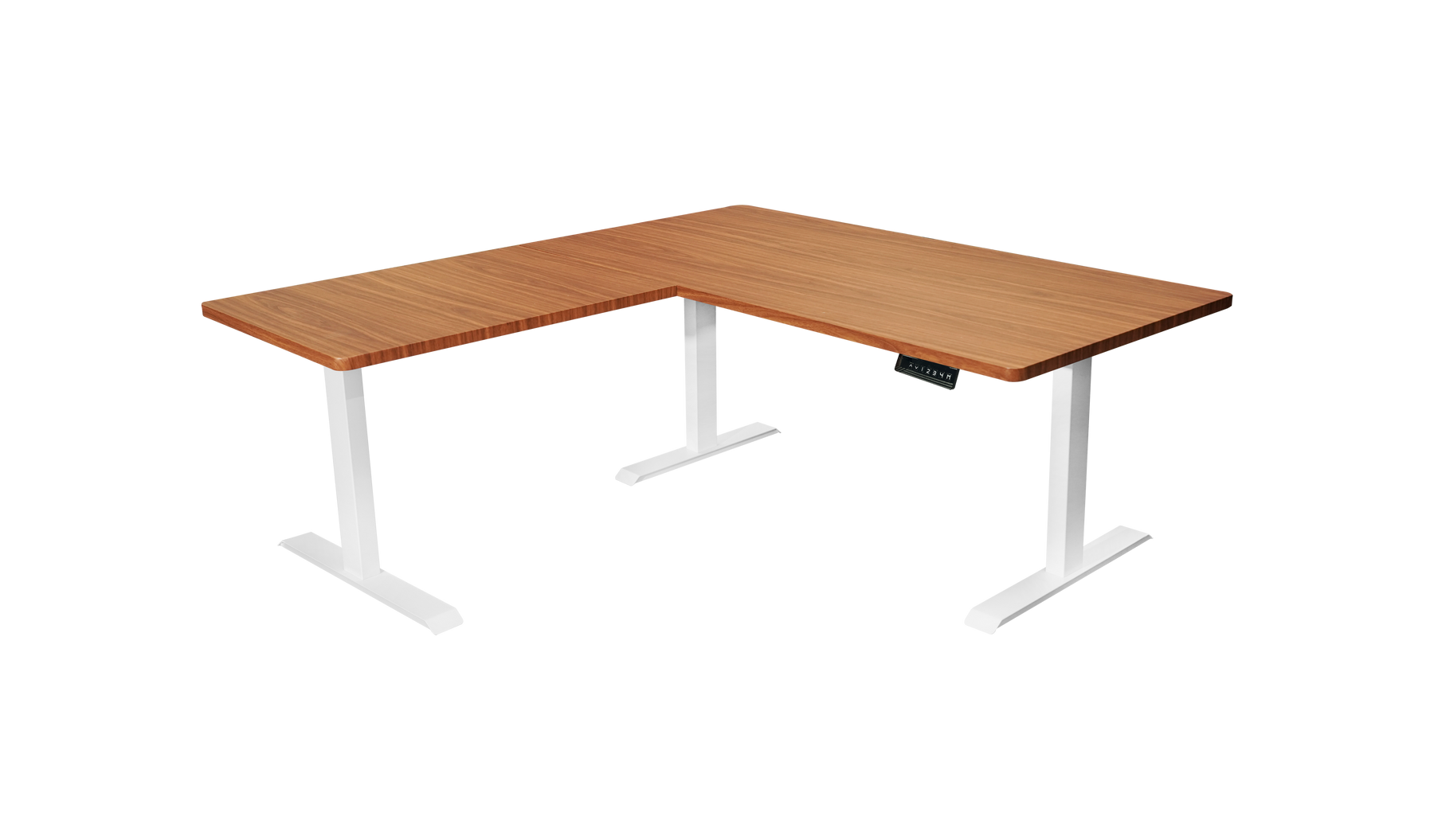 1. Desk One L-Shaped 3-Leg Standing Desk With Dual Tabletop and Triple Motors