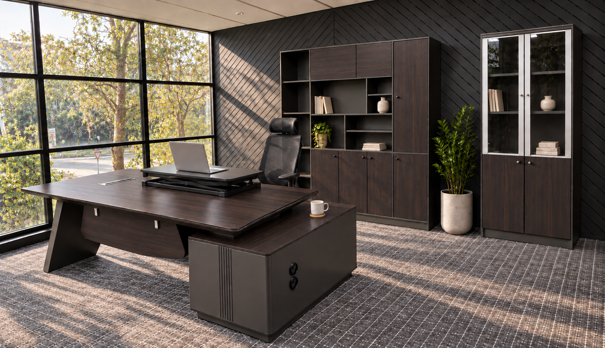Executive office fit-out with L-shaped corner desk, leather executive chair, mesh visitor chairs and a full-height storage wall