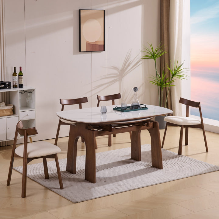 Desk One Orbit Extend - Round Extendable Dining Table in White Sintered Stone and Walnut Wood