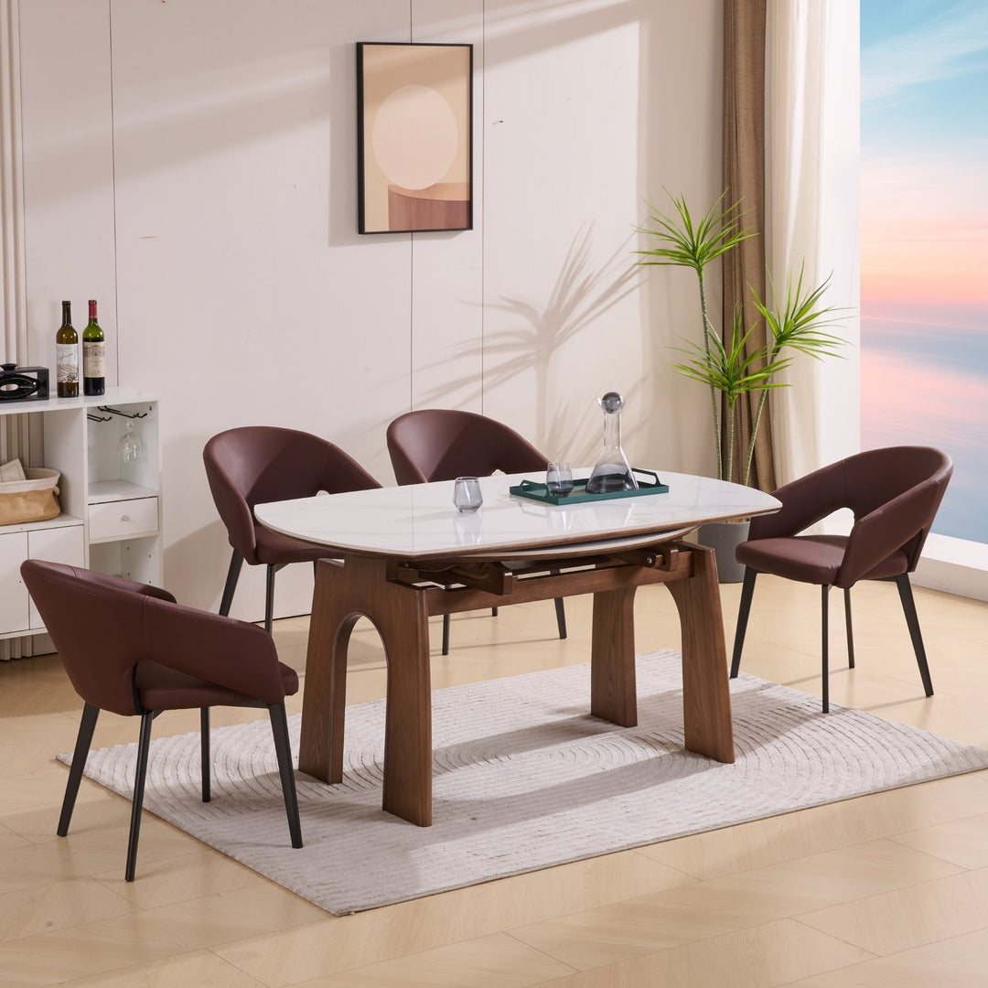 Desk One Orbit Extend - Round Extendable Dining Table in White Sintered Stone and Walnut Wood