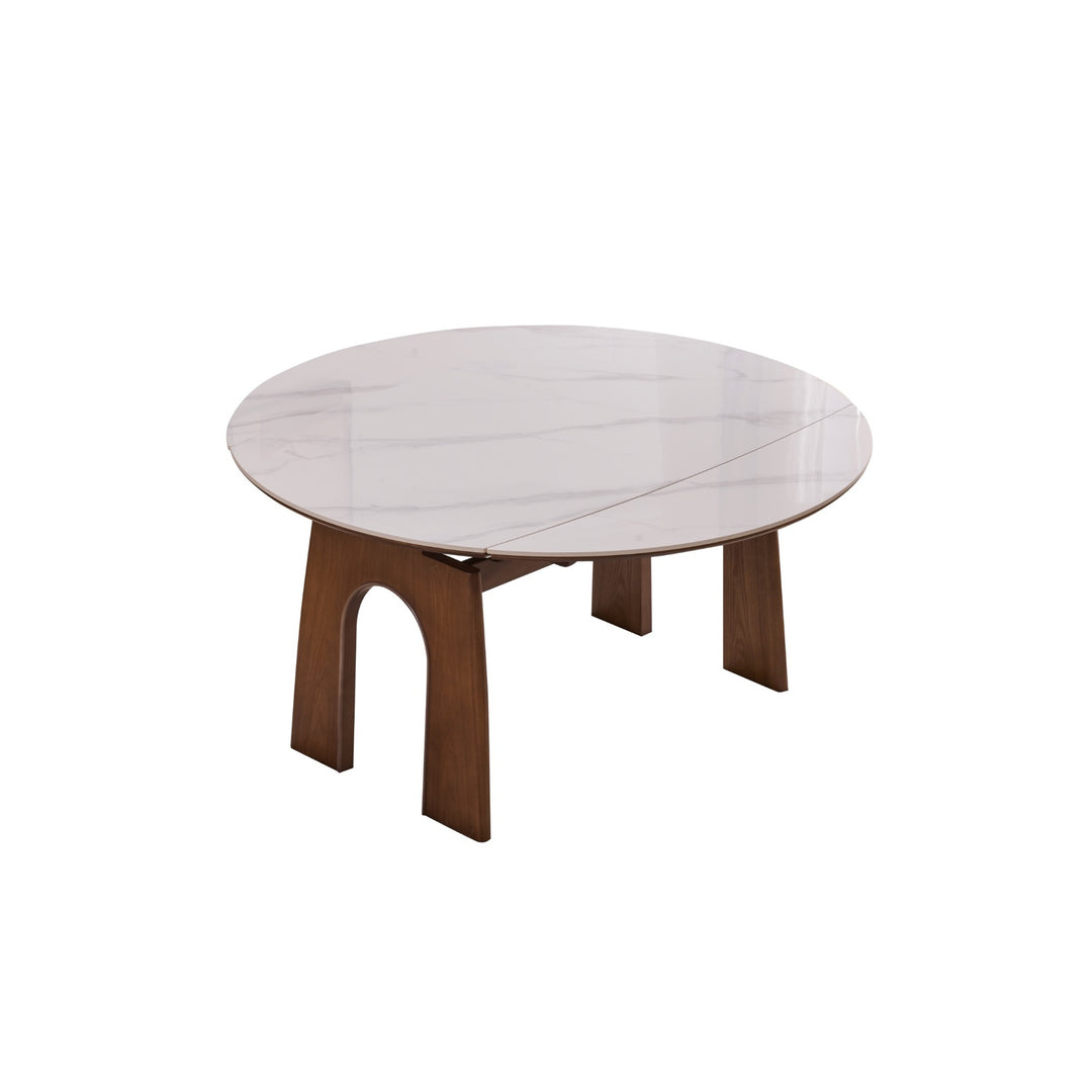 Desk One Orbit Extend - Round Extendable Dining Table in White Sintered Stone and Walnut Wood